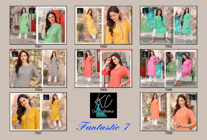 Kc Fantastic 7 Latest Fancy Casual Wear Rayon printed top with heavy neck work Kurti With Bottom Collection
